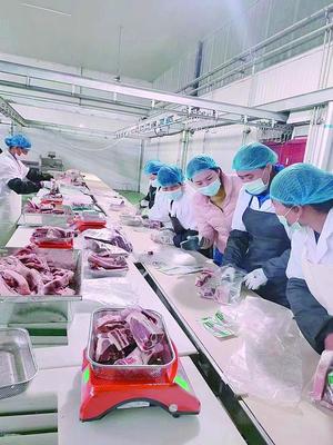 公司肉产品加工车间,工人们在称重、包装牛羊肉,滕欣妤(右三)监督并指导。